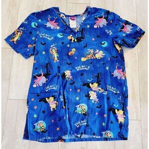 Disney Winnie the Pooh Women's Small‎ Medical V-Neck Scrub Top Blue